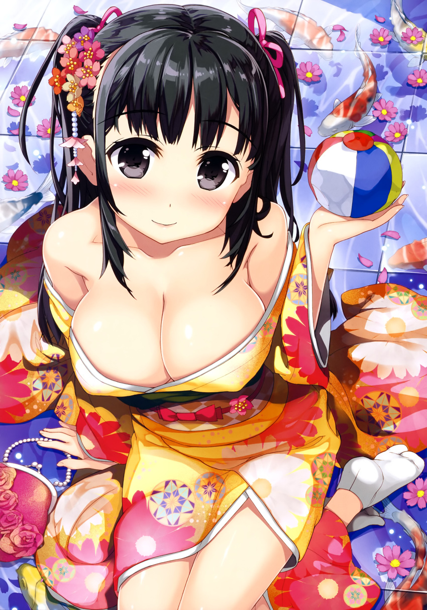 1girl absurdres bag ball bare_shoulders black_eyes black_hair blush breasts carp checkered checkered_sash cleavage collarbone copyright_request erect_nipples eyebrows_visible_through_hair fish floral_print flower flower_request fujima_takuya glass_floor hair_flower hair_ornament hair_ribbon hand_on_floor handbag highres holding holding_ball japanese_clothes kimono large_breasts looking_at_viewer no_bra obi off_shoulder official_art orange_flower petals pink_flower pink_lips pink_ribbon print_kimono purple_flower red_flower ribbon sash scan sitting smile tabi twintails water white_legwear yellow_kimono yokozuwari