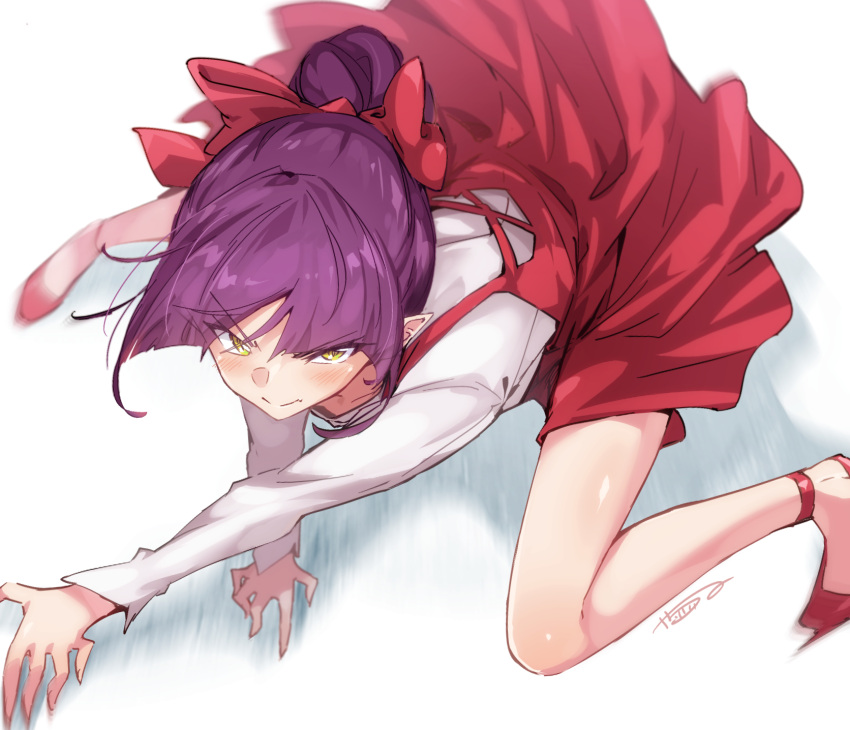 1girl blush bow bun150 closed_mouth commentary_request dress eyebrows_visible_through_hair from_above gegege_no_kitarou hair_bow highres long_sleeves looking_at_viewer nekomusume nekomusume_(gegege_no_kitarou_6) pointy_ears purple_hair red_bow red_dress short_hair signature simple_background solo white_background yellow_eyes