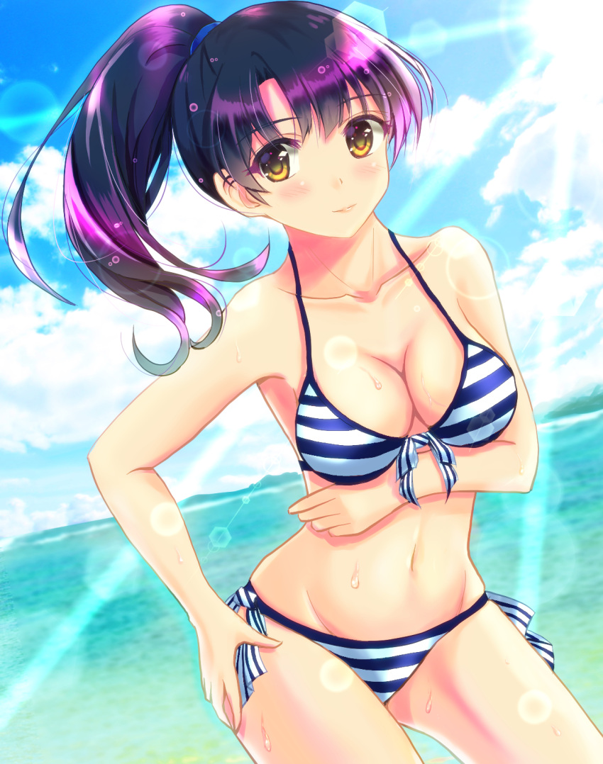 1girl beach bikini blue_sky breasts brown_eyes brown_hair clouds cowboy_shot front-tie_bikini front-tie_top highres katou_megumi lens_flare long_hair looking_at_viewer medium_breasts nori_(nori_teatime) ponytail saenai_heroine_no_sodatekata side-tie_bikini sky smile solo striped striped_bikini swimsuit