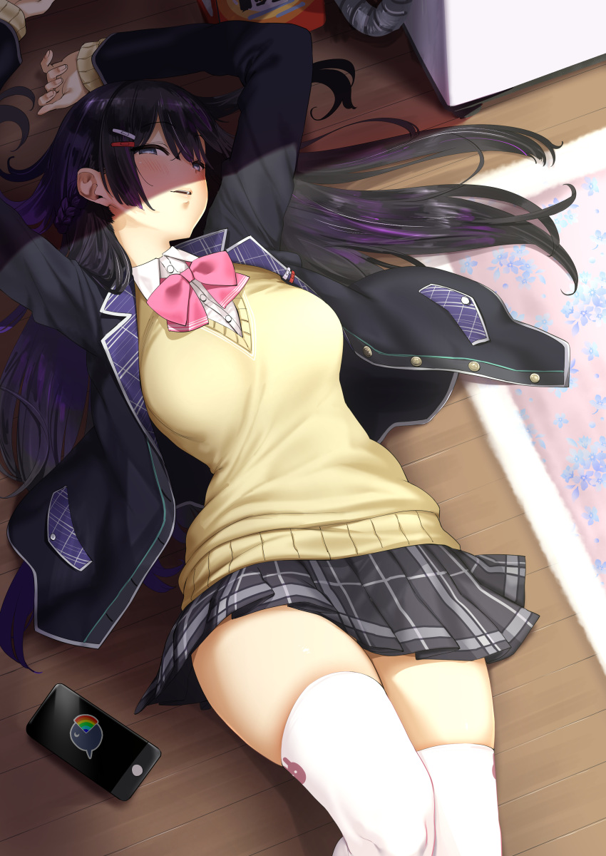 1girl absurdres arms_up bangs black_hair black_jacket blazer blush bow bowtie cardigan carpet cellphone eyebrows_visible_through_hair fanbox_reward fingernails hair_ornament hairclip highres indoors jacket long_hair long_sleeves looking_at_viewer lying miniskirt nijisanji open_clothes open_jacket paid_reward phone pija_(pianiishimo) pink_neckwear plaid plaid_skirt pleated_skirt school_uniform skirt smartphone smile solo thigh-highs tsukino_mito virtual_youtuber white_legwear wooden_floor zettai_ryouiki