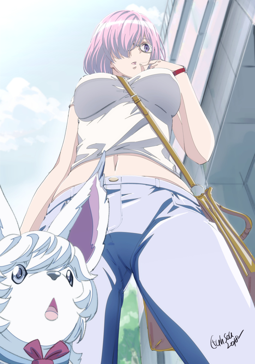 1girl 2018 alternate_costume bag between_breasts black-framed_eyewear blue_sky breasts clouds commentary_request creature dated day denim fate/grand_order fate_(series) finger_to_mouth fou_(fate/grand_order) from_below glasses gunsou33 hair_over_one_eye handbag highres jeans large_breasts mash_kyrielight navel outdoors pants purple_hair red_neckwear short_hair sky solo standing strap_cleavage violet_eyes watch watch