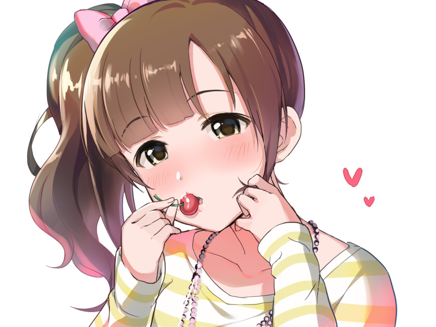 1girl bangs blunt_bangs blush bow brown_eyes brown_hair cherry collarbone commentary_request eyebrows_visible_through_hair food fruit hair_bow hand_up head_tilt heart holding holding_fruit horizontal-striped_shirt idolmaster idolmaster_cinderella_girls igarashi_kyouko jewelry long_hair long_sleeves looking_at_viewer natsuya necklace open_mouth parted_bangs pink_bow saliva shiny shiny_hair shirt side_ponytail simple_background solo striped striped_shirt tareme upper_body white_background white_shirt yellow_shirt