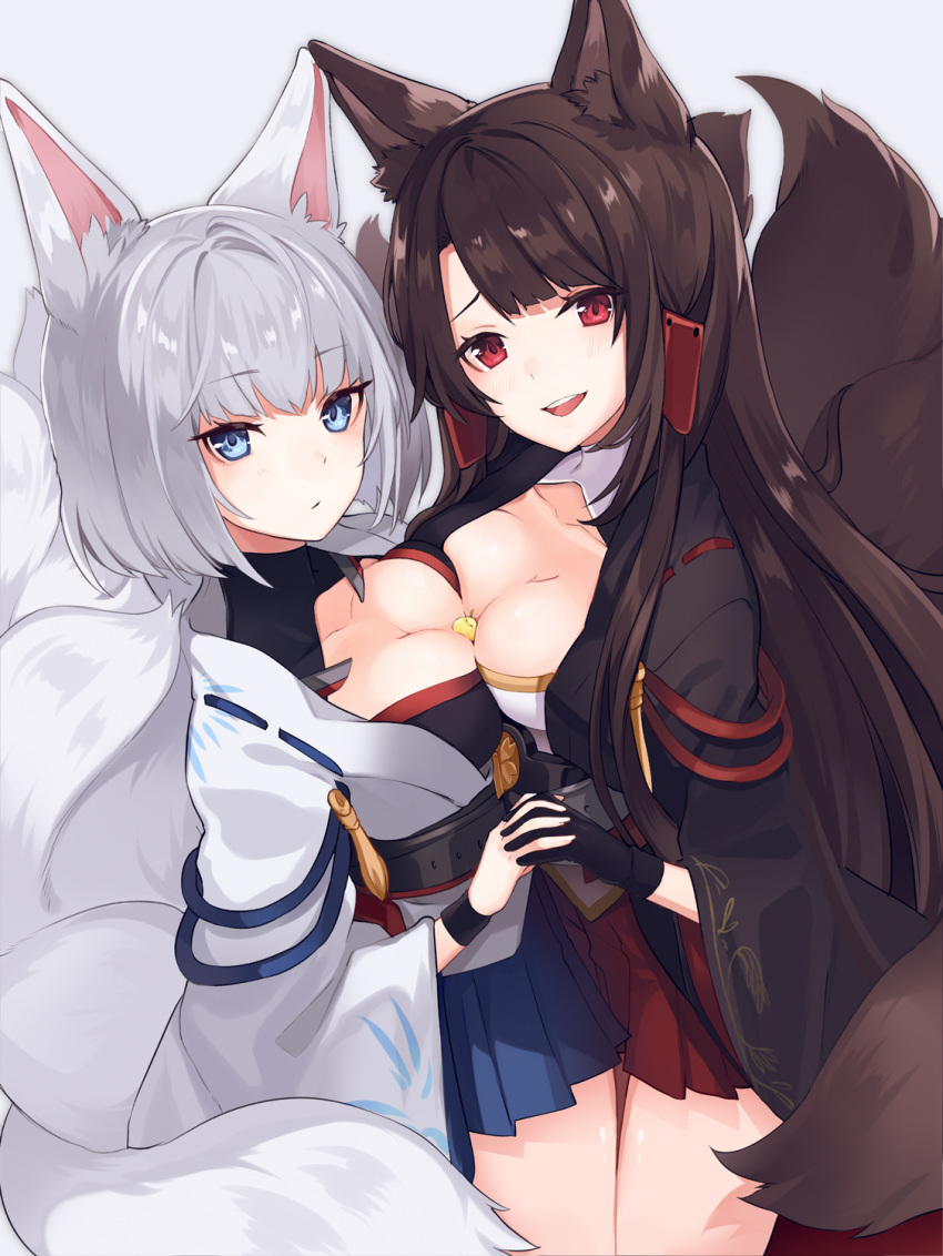 2girls :d akagi_(azur_lane) animal animal_ears asymmetrical_docking azur_lane bangs bird black_gloves black_kimono blue_eyes blue_hakama blush breast_press breasts brown_hair chick closed_mouth collarbone commentary_request dutch_angle eyebrows_visible_through_hair fingernails fox_ears fox_girl fox_tail gloves grey_background hakama hakama_skirt hand_holding highres interlocked_fingers japanese_clothes kaga_(azur_lane) kimono kyuubi looking_at_viewer looking_to_the_side medium_breasts multiple_girls multiple_tails open_mouth orqz red_eyes red_hakama short_kimono silver_hair simple_background smile tail white_kimono