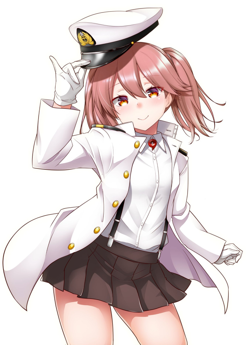 1girl black_skirt brown_eyes brown_hair commentary_request cowboy_shot dress_shirt gloves hat highres kantai_collection kirigakure_(kirigakure_tantei_jimusho) looking_at_viewer military military_uniform naval_uniform open_clothes peaked_cap pleated_skirt ryuujou_(kantai_collection) shirt simple_background skirt solo suspenders twintails uniform visor_cap white_background white_gloves white_hat white_shirt