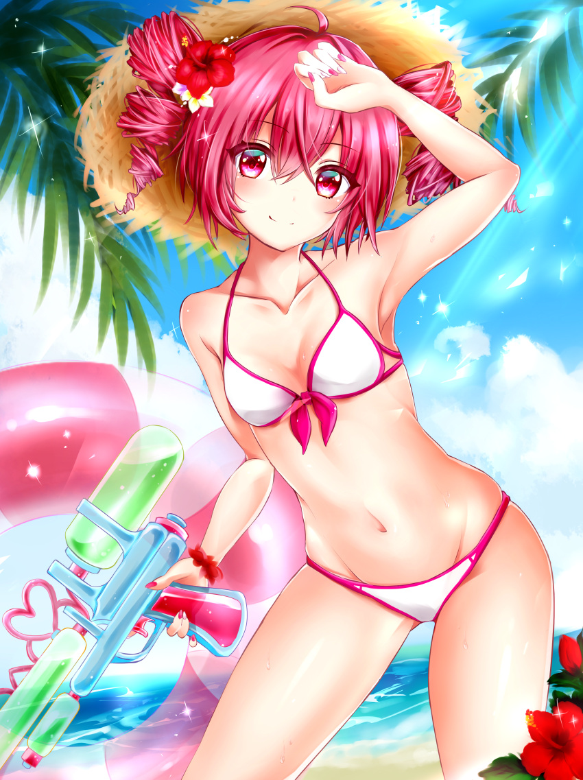 1girl absurdres ahoge arm_up armpits beach bikini blue_sky breasts cleavage clouds collar day drill_hair eyebrows_visible_through_hair flower groin gun hair_between_eyes hair_flower hair_ornament hat highres holding holding_gun holding_weapon huge_filesize innertube kasane_teto nail_polish navel ocean outdoors pink_eyes pink_hair pink_nails red_flower sky small_breasts smile solo sparkle standing straw_hat swimsuit transparent twin_drills twintails utau water_gun weapon white_bikini xaruex yellow_hat