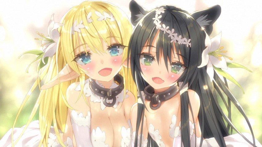 2girls animal_ears aqua_eyes bangs black_hair blonde_hair blue_eyes blurry blurry_background blush breasts bride cat_ears cleavage detached_collar dress elbow_gloves elf eyebrows_visible_through_hair fang flat_chest flower gloves green_eyes hair_flower hair_ornament hair_ribbon hairband happy highres isekai_maou_to_shoukan_shoujo_dorei_majutsu large_breasts lily_(flower) long_hair looking_at_viewer multiple_girls no_bra official_art open_mouth pointy_ears rem_galeu ribbon shera_l_greenwood smile tsurusaki_takahiro upper_body wedding_dress white_gloves white_hairband white_ribbon