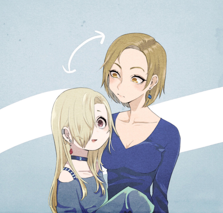 2girls age_difference alternate_costume alternate_hairstyle blonde_hair blue_background blue_shirt breasts choker cleavage collarbone commentary_request directional_arrow drop_earrings ear_clip eyelashes hair_over_one_eye hairstyle_switch height_difference highres idolmaster idolmaster_cinderella_girls long_hair looking_at_another looking_at_viewer matsunaga_ryou multiple_girls norota off-shoulder_shirt red_eyes shirasaka_koume shirt sleeves_past_wrists spaghetti_strap upper_body v-neck yellow_eyes