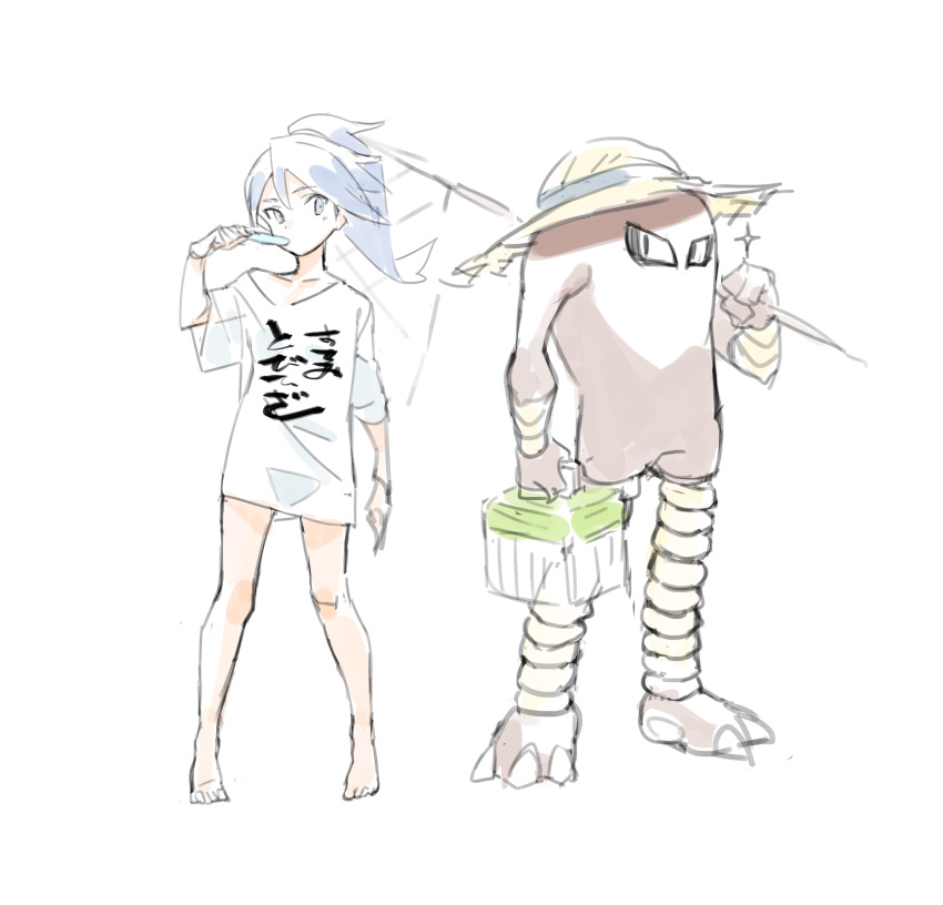 1girl amrkdrw bare_legs barefoot battle_girl_(pokemon) blue_eyes blue_hair clothes_writing food full_body gen_1_pokemon hat highres hitmonlee insect_cage legs_apart long_hair net npc_trainer oversized_clothes oversized_shirt pokemon pokemon_(creature) pokemon_(game) pokemon_oras ponytail popsicle shirt short_sleeves simple_background sketch sparkle standing straw_hat white_background white_shirt yellow_hat