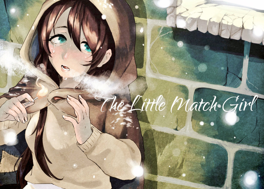 1girl blue_eyes blush breath brick_wall brown_hair cloak commentary_request copyright_name eyelashes fingernails fire flame highres little_match_girl long_hair looking_up matches matchstick norota open_mouth patch snowing solo sweater tears upper_body very_long_hair windowsill