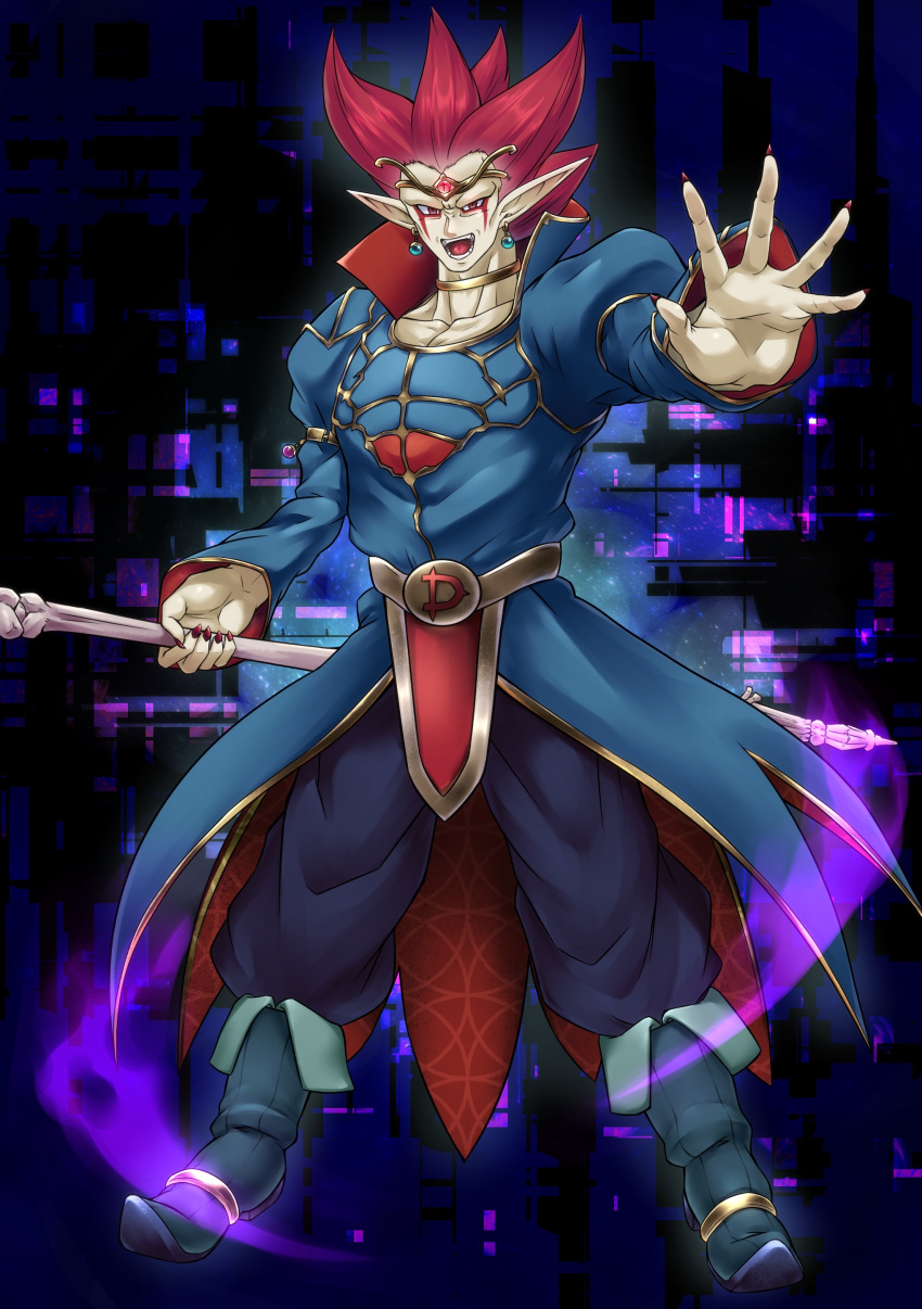 1boy absurdres boots demigra dragon_ball dragon_ball_heroes earrings eyeball facial_mark highres jewelry male_focus nail_polish necklace open_mouth pointy_ears red_eyes redhead solo staff teeth tiara