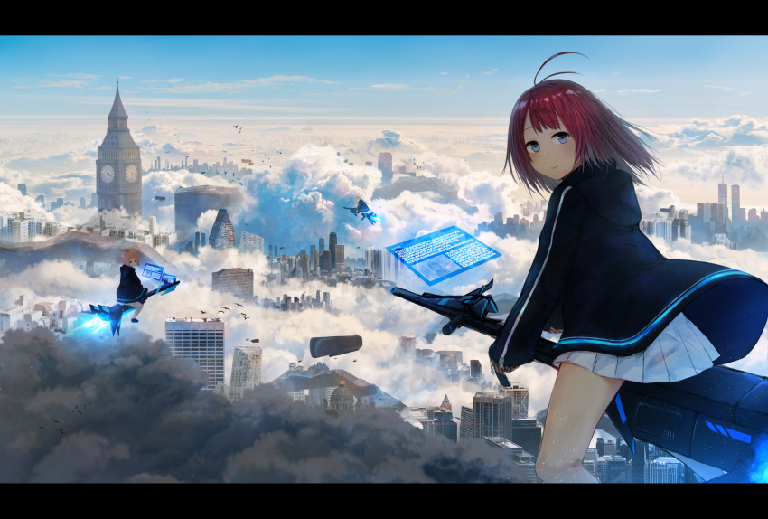 3girls absurdres akky_(akimi1127) antenna_hair bad_id bad_pixiv_id bangs bird black_footwear black_jacket blue_eyes blue_sky building cityscape clock clock_tower closed_mouth clouds commentary_request day eyebrows_visible_through_hair flying highres holographic_interface hood hood_down hooded_jacket jacket light_brown_hair long_sleeves looking_at_viewer looking_to_the_side multiple_girls open_clothes open_jacket orange_hair original outdoors pleated_skirt redhead riding shoes skirt sky skyscraper sleeves_past_wrists smile tower white_skirt