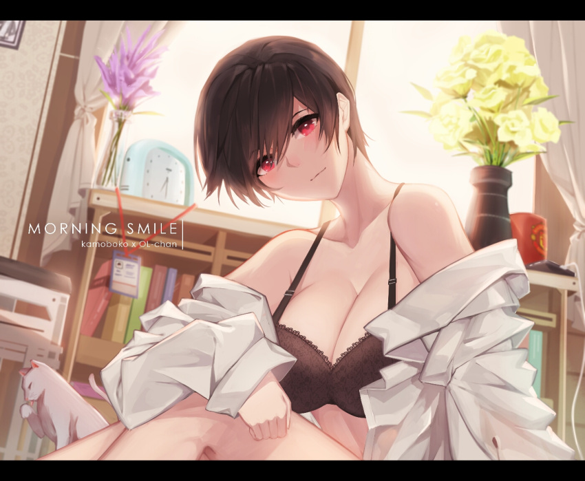 1girl alarm_clock bangs bare_shoulders black_bra book bookshelf bra breasts brown_hair cat cellphone charging cleavage clock closed_mouth clothes_down collarbone collared_shirt commentary curtains english_commentary flower head_tilt id_card indoors kamoboko lace lace_bra lanyard large_breasts licking_paw long_sleeves looking_at_viewer morning name_tag off_shoulder office_lady ol-chan_(norman_maggot) open_clothes original painttool_sai phone pixie_cut plant red_eyes shirt short_hair sitting smartphone solo underwear white_cat white_shirt window