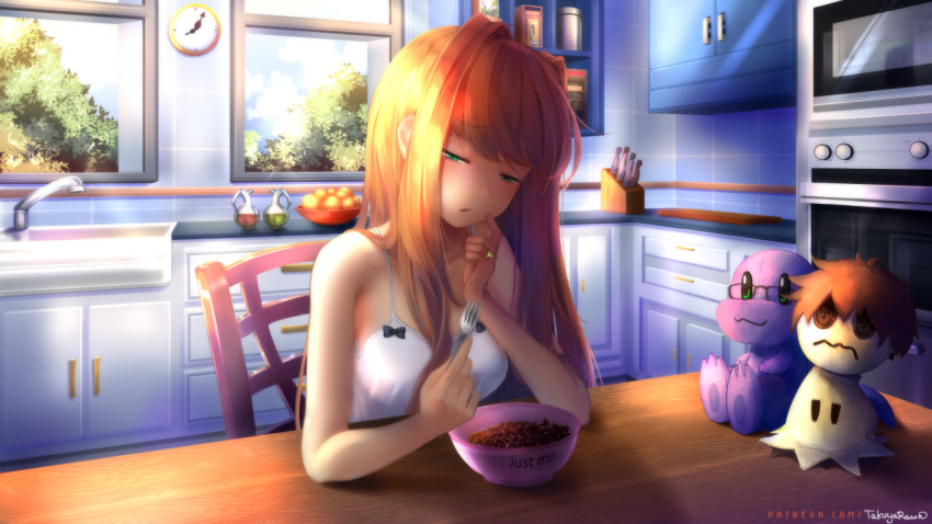 1girl bare_shoulders bowl brown_hair cereal chair commentary doki_doki_literature_club doll english_commentary green_eyes hair_down half-closed_eyes indoors jewelry kitchen long_hair mimikyu monika_(doki_doki_literature_club) open_mouth patreon_username pokemon ring solo table takuyarawr tile_wall tiles