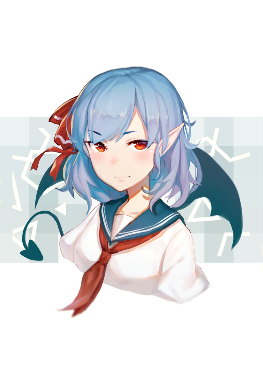 1girl absurdres alternate_costume bat_wings blue_background blue_hair blush breasts commentary_request contemporary cropped_torso demon_tail eyebrows_visible_through_hair hair_ribbon highres lips looking_at_viewer medium_breasts no_hat no_headwear pointy_ears puffy_short_sleeves puffy_sleeves red_eyes red_neckwear red_ribbon remilia_scarlet ribbon sailor_collar school_uniform serafuku short_hair short_sleeves smile sndbr solo tail touhou two-tone_background upper_body white_background white_serafuku wings