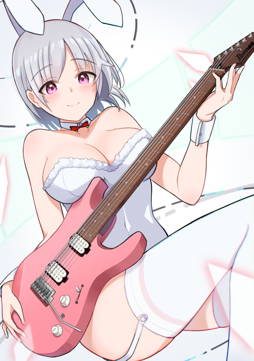1girl animal_ears bangs bare_shoulders blush breasts bunny_girl bunnysuit cleavage closed_mouth commentary_request eyebrows_visible_through_hair fingernails fur-trimmed_leotard fur_trim garter_straps guitar highres holding holding_instrument ibanez instant_(ioarthus) instrument large_breasts leotard looking_at_viewer nail_polish original pink_nails rabbit_ears silver_hair smile solo strapless strapless_leotard thigh-highs thighs violet_eyes white_legwear white_leotard wrist_cuffs