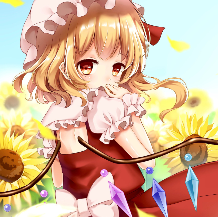 1girl blonde_hair commentary covering_mouth crystal flandre_scarlet flower from_behind hat highres looking_at_viewer looking_back mob_cap mumu-crown red_eyes scrunchie solo sunflower touhou upper_body wings wrist_scrunchie