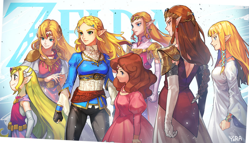 6+girls armor artist_name black_gloves blonde_hair blue_eyes bracelet braid brown_hair character_name clenched_hands dress duckyora elbow_gloves fingerless_gloves gloves green_eyes highres jewelry long_hair looking_to_the_side low-tied_long_hair multiple_girls multiple_persona necklace pink_dress pointy_ears princess_zelda serious smile standing the_legend_of_zelda the_legend_of_zelda:_a_link_between_worlds the_legend_of_zelda:_a_link_to_the_past the_legend_of_zelda:_breath_of_the_wild the_legend_of_zelda:_ocarina_of_time the_legend_of_zelda:_skyward_sword the_legend_of_zelda:_the_wind_waker the_legend_of_zelda:_twilight_princess tiara very_long_hair wavy_hair white_dress white_gloves