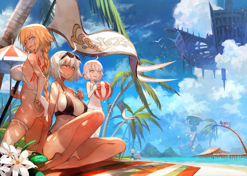 3boys 6+girls ahoge alternate_costume arjuna_(fate/grand_order) ass back_tattoo bangs beach bikini blonde_hair blue_eyes blurry blurry_background braid breasts caster_(fate/zero) choker cleavage clouds cloudy_sky collarbone day fate/grand_order fate_(series) flag flower giantess hat holding holding_flag horizon island jack_the_ripper_(fate/apocrypha) jeanne_d'arc_(alter)_(fate) jeanne_d'arc_(fate) jeanne_d'arc_(fate)_(all) jeanne_d'arc_alter_santa_lily karna_(fate) lack large_breasts leg_garter long_hair looking_at_viewer mash_kyrielight multiple_boys multiple_girls naked_overalls navel nursery_rhyme_(fate/extra) ocean one-piece_swimsuit one_eye_closed open_mouth outdoors overalls palm_tree paul_bunyan_(fate/grand_order) short_hair silver_hair single_braid sitting sky smile standing sun_hat swimsuit tan tattoo tree umbrella wet white_bikini white_choker white_flower white_hair white_swimsuit yellow_eyes