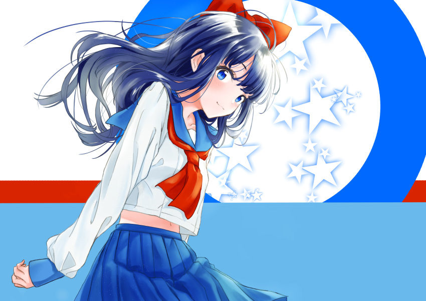 1girl :3 absurdres blue_eyes blue_hair blue_skirt blush bow closed_mouth collarbone hair_bow highres long_hair long_sleeves looking_at_viewer navel pipimi poptepipic red_bow school_uniform skirt smile solo star tachibana_komoro upper_body