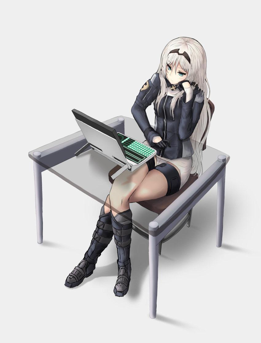 absurdres an-94_(girls_frontline) bangs blonde_hair blue_eyes boots breasts closed_mouth combat_boots computer elbow_rest expressionless eyebrows_visible_through_hair girls_frontline glass_table gloves grey_background hairband head_on_hand highres jacket knee_boots laptop legs_crossed long_hair long_sleeves looking_at_screen panties pencil_skirt sidelocks simple_background skirt sslsllsllslslslsl table tapping_finger thigh_strap thighs underwear white_panties white_skirt