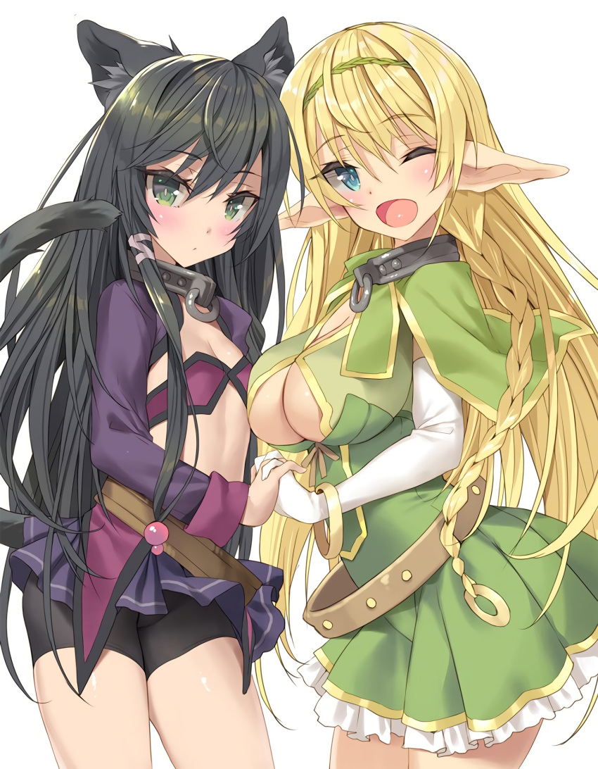 2girls animal_ears aqua_eyes bangs beads belt bike_shorts black_hair black_shorts blonde_hair blue_eyes blush bracelet braid breast_press breasts cat_ears cat_tail cleavage collar cowboy_shot dress elbow_gloves elf eyebrows_visible_through_hair frilled_dress frills gloves green_capelet green_dress green_eyes green_hairband hair_beads hair_ornament hairband hand_holding happy highres isekai_maou_to_shoukan_shoujo_dorei_majutsu jewelry large_breasts long_hair long_sleeves looking_at_viewer miniskirt multiple_girls no_bra official_art one_eye_closed open_mouth pointy_ears purple_skirt rem_galeu shera_l_greenwood shorts shorts_under_skirt simple_background single_braid skirt small_breasts standing symmetrical_docking tail tsurusaki_takahiro white_background white_gloves