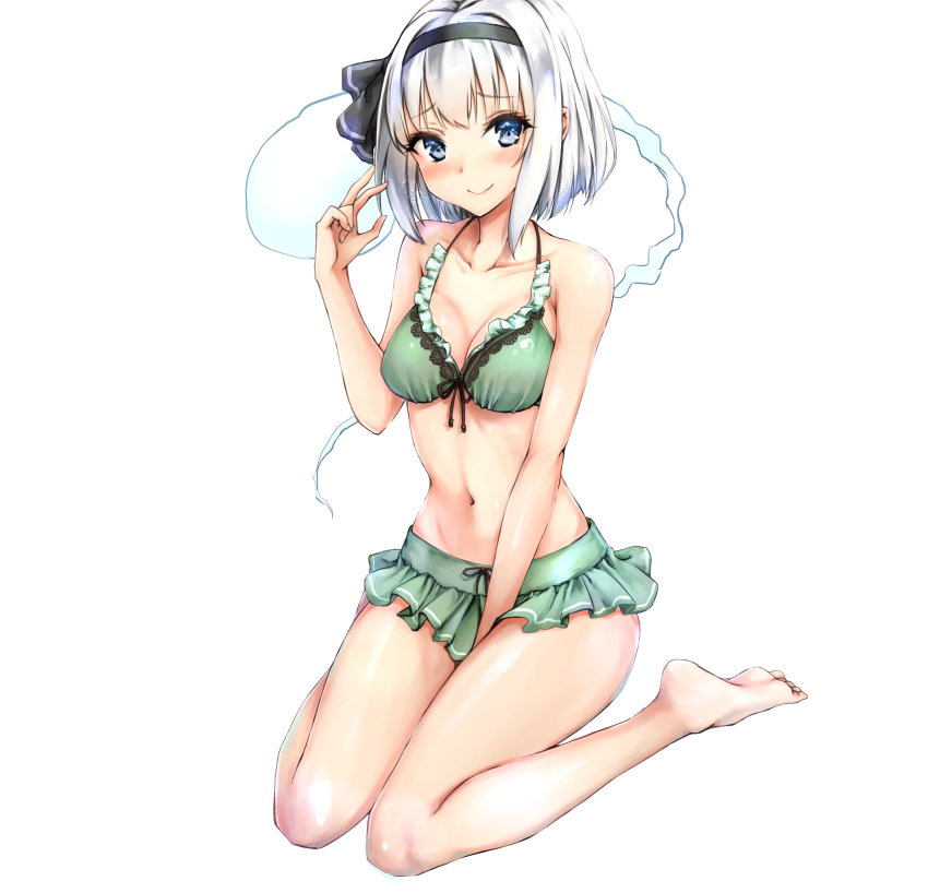 1girl amagi_(amagi626) bare_arms bare_legs bare_shoulders barefoot bikini black_hairband black_ribbon blue_eyes blush breasts cleavage collarbone commentary_request eyebrows_visible_through_hair full_body green_bikini hair_ribbon hairband hand_up highres konpaku_youmu konpaku_youmu_(ghost) looking_at_viewer medium_breasts navel ribbon rock shiny shiny_skin short_hair silver_hair simple_background sitting smile solo stomach swimsuit thighs touhou wariza white_background