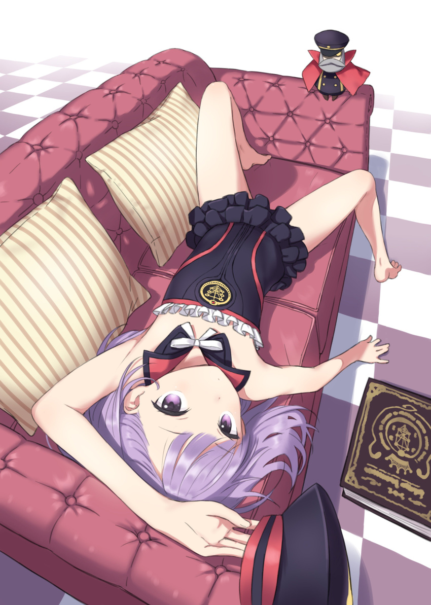 1girl absurdres bare_shoulders book couch dress fate/grand_order fate_(series) flat_chest foreshortening hat helena_blavatsky_(fate/grand_order) highres laika_(sputnik2nd) looking_at_viewer lying on_back purple_hair short_hair strapless strapless_dress violet_eyes