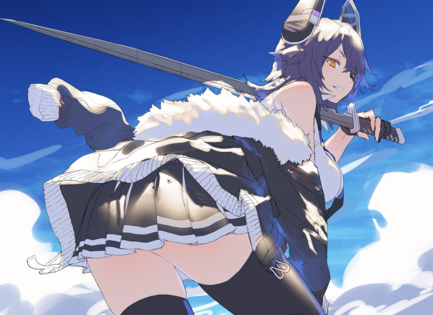 1girl bare_shoulders bent_over black_gloves blue_sky breasts clouds collared_shirt commentary_request eyepatch fingerless_gloves from_behind fur_trim gloves headgear izumi_sai jacket kantai_collection large_breasts leaning_forward legs looking_back necktie over_shoulder partly_fingerless_gloves pleated_skirt purple_hair school_uniform shirt short_hair skirt sky sleeveless sleeveless_shirt sword sword_over_shoulder tenryuu_(kantai_collection) thigh-highs weapon weapon_over_shoulder yellow_eyes