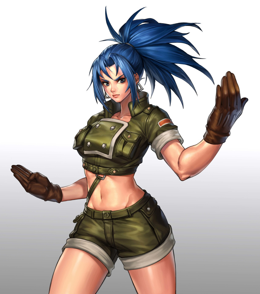 1girl amang bangs blue_eyes blue_hair brown_gloves closed_mouth collarbone crop_top cropped_jacket earrings facing_viewer fighting_stance gloves green_jacket green_shorts hair_tie high_ponytail highres jacket jewelry leona_heidern midriff muscle navel ponytail shorts the_king_of_fighters toned