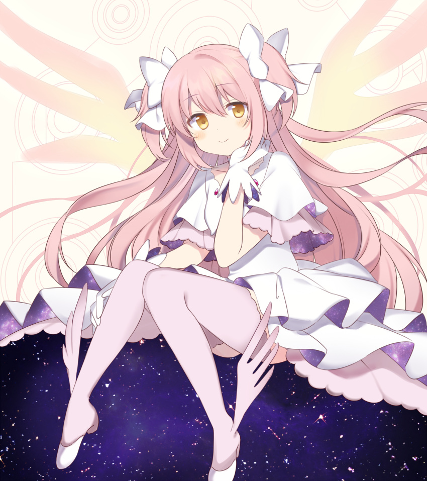 bangs blush commentary_request dress eyebrows_visible_through_hair frilled_dress frills fujishiro_emyu full_body galaxy gloves goddess_madoka gradient gradient_wings hair_ribbon hand_on_own_chin hand_on_own_knee highres kaname_madoka light_smile long_hair looking_at_viewer magical_girl mahou_shoujo_madoka_magica multicolored multicolored_wings pink_hair pink_legwear pink_wings pumps ribbon simple_background space space_print starry_sky_print thigh-highs two_side_up white_dress white_footwear white_gloves white_ribbon winged_footwear wings yellow_background yellow_eyes yellow_wings