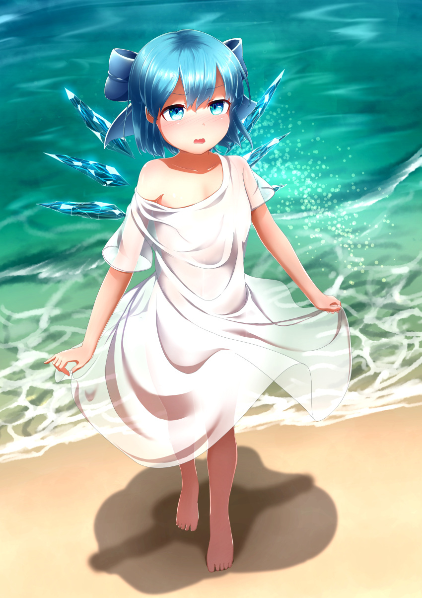 1girl absurdres alternate_costume barefoot beach blue_bow blue_eyes blush bow cirno commentary_request day dress eyebrows_visible_through_hair full_body hair_between_eyes hair_bow highres ice ice_wings looking_at_viewer marine_day ocean off_shoulder open_mouth outdoors reito_(lyra-yasao-0628) see-through shadow shiny shiny_hair short_sleeves skirt_hold solo standing touhou wet wet_clothes white_dress wings