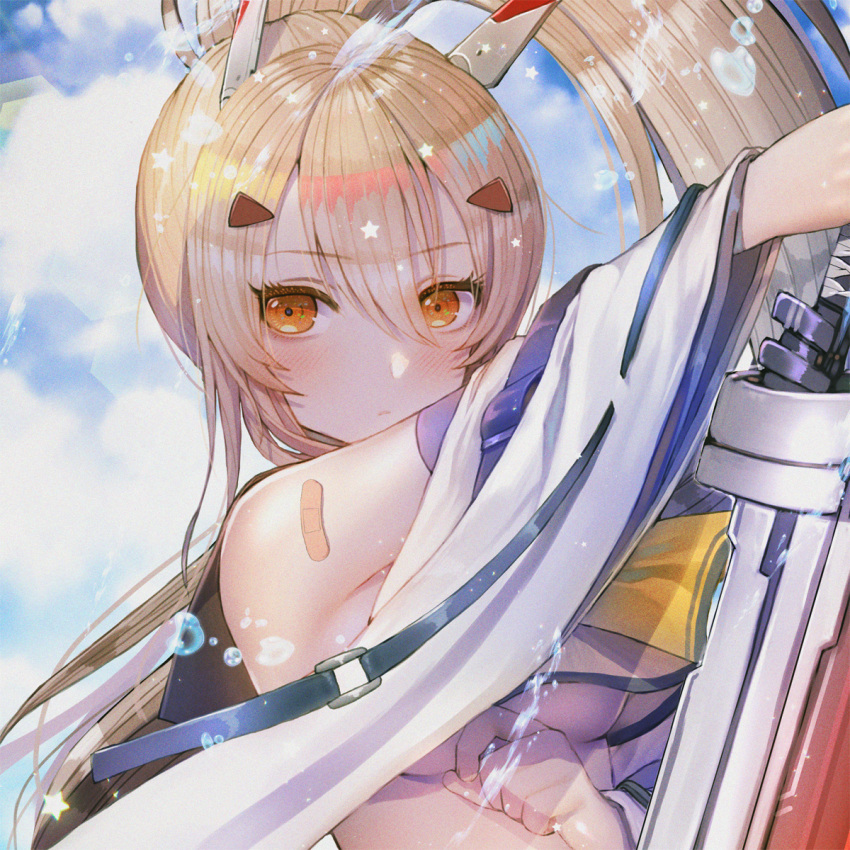 1girl ayanami_(azur_lane) azur_lane bandaid_on_arm bangs bare_shoulders blonde_hair blue_sky blush breasts closed_mouth clouds crop_top crop_top_overhang detached_sleeves eyebrows_visible_through_hair hair_between_eyes hair_ornament hanato_(seonoaiko) headgear highres holding holding_sword holding_weapon long_hair looking_at_viewer ponytail red_eyes school_uniform shirt sky solo star sword upper_body water_drop weapon white_shirt wide_sleeves