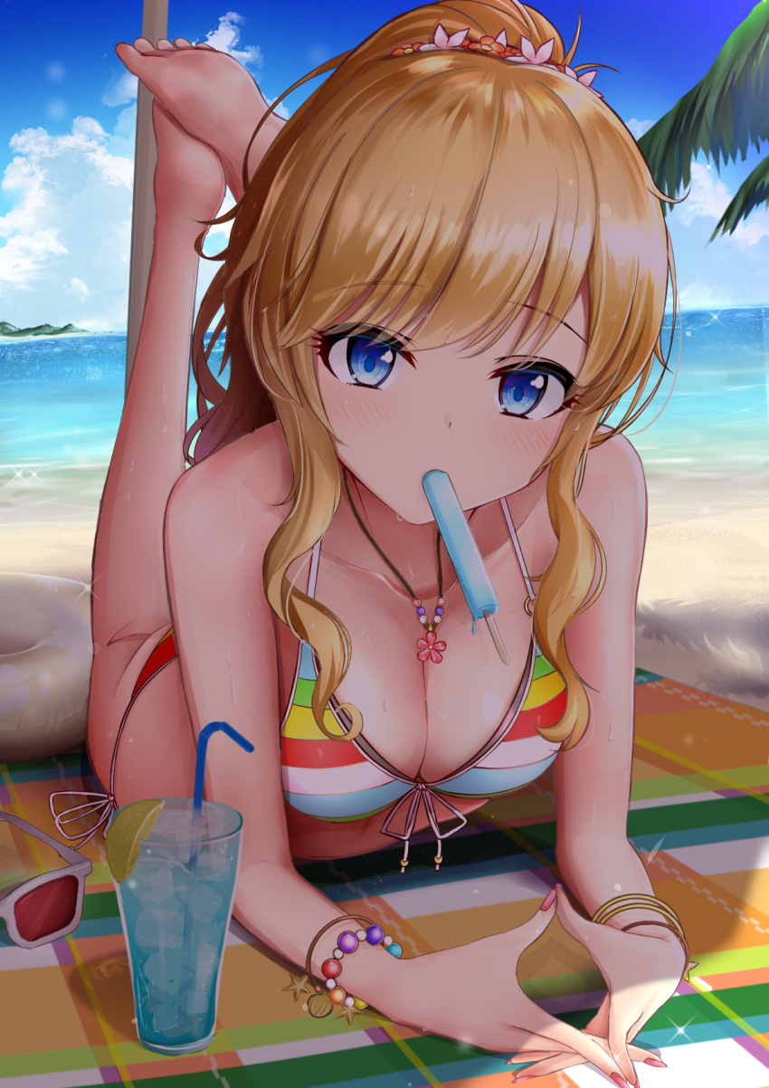 1girl bangs bare_shoulders barefoot beach bendy_straw bikini blonde_hair blue_eyes blue_sky breasts cleavage clouds cloudy_sky collarbone commentary cup day drink drinking_glass drinking_straw eyebrows_visible_through_hair fingernails fingers_together flower food food_in_mouth front-tie_bikini front-tie_top hair_between_eyes hair_flower hair_ornament high_ponytail highres horizon ice ice_cube idolmaster idolmaster_cinderella_girls innertube karu_(qqqtyann) legs_up long_hair medium_breasts mouth_hold nail_polish ocean ootsuki_yui outdoors palm_tree pink_flower pink_nails ponytail popsicle red_glasses sand sky soles solo striped striped_bikini sweat swimsuit tree water white-framed_eyewear