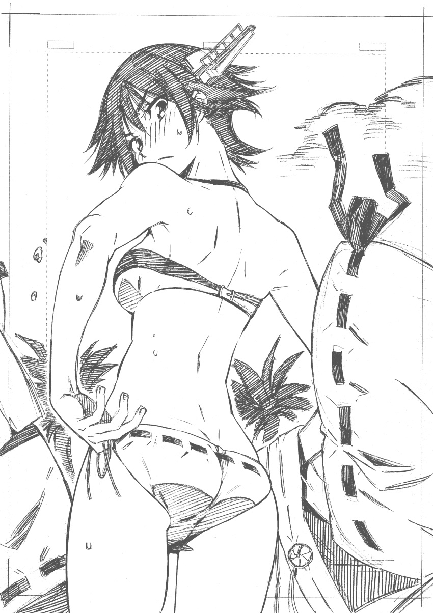 1girl absurdres ass bikini blush cowboy_shot from_behind greyscale hiei_(kantai_collection) highres kantai_collection kojima_takeshi looking_at_viewer looking_back monochrome nose_blush palm_tree short_hair solo swimsuit traditional_media tree