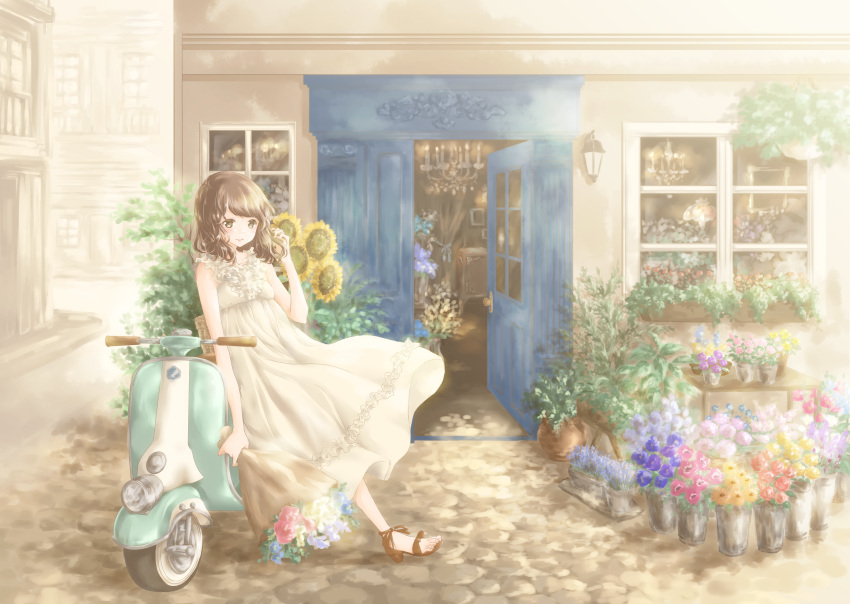 1girl arm_at_side arm_up bare_arms basket bouquet brown_eyes brown_hair chandelier cobblestone day dress flower ground_vehicle hand_in_hair highres holding holding_bouquet hoshiibara_mato house lamp leaning_on_object looking_at_viewer medium_hair motor_vehicle open_door open_mouth original outdoors plant planter potted_plant road sconce scooter sleeveless sleeveless_dress smile solo street sunflower table town white_dress window