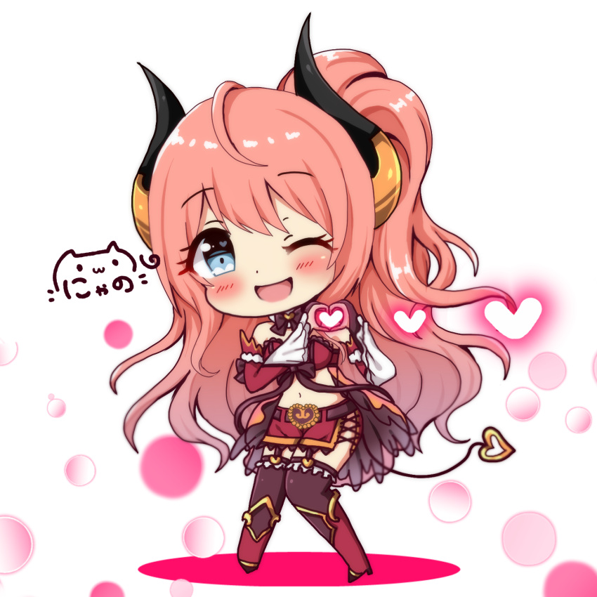 1girl ;d bare_shoulders black_legwear blue_eyes blush boots brown_belt character_request chibi commentary_request curled_horns demon_girl demon_tail detached_sleeves head_tilt heart heart_hands heart_in_eye high_ponytail highres horns knee_boots long_hair long_sleeves navel nyano21 one_eye_closed open_mouth pink_hair ponytail princess_connect!_re:dive red_footwear red_skirt signature skirt smile solo symbol_in_eye tail thigh-highs thighhighs_under_boots very_long_hair wide_sleeves