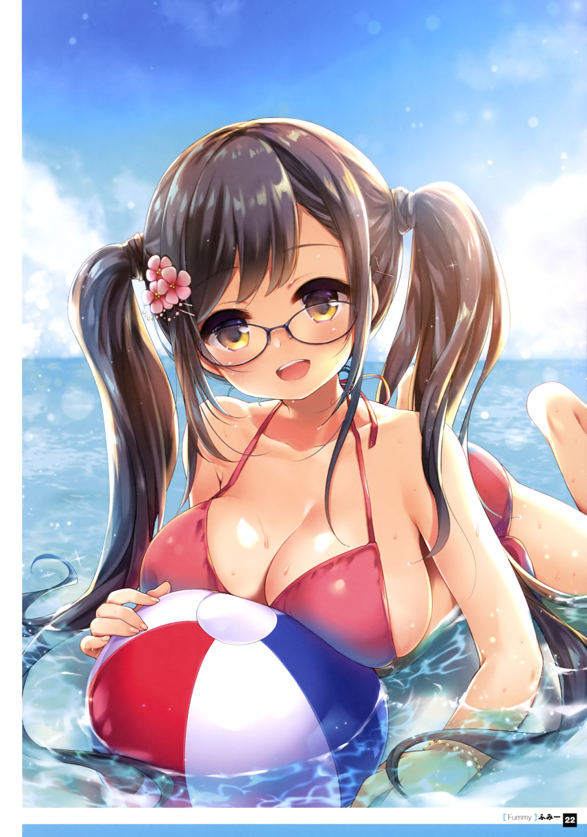 1girl :d absurdres artist_name ass ball bare_legs bare_shoulders barefoot beachball bikini blue-framed_eyewear blue_sky blush breast_grab breasts brown_hair cleavage clouds cloudy_sky collarbone day dengeki_moeou eyebrows_visible_through_hair fingernails flower flower_request framed_image fummy glasses grabbing hair_flower hair_ornament hairclip hand_on_floor highres holding holding_ball legs_up looking_at_viewer lying official_art on_floor on_stomach open_mouth original outdoors page_number pink_flower red_bikini red_hairclip round_teeth scan shallow_water shiny shiny_hair side-tie_bikini skindentation sky smile solo sparkle swimsuit teeth tongue twintails uneven_twintails water wet x_hair_ornament yellow_eyes