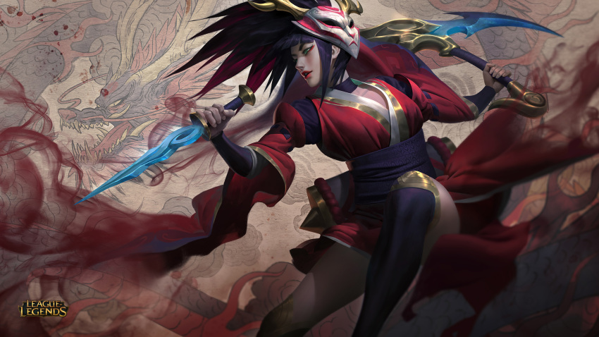 1girl akali alternate_costume black_hair black_legwear blood_moon_akali chinese_clothes dagger dragon dual_wielding green_eyes highres holding league_of_legends long_hair mask official_art sickle solo thigh-highs weapon