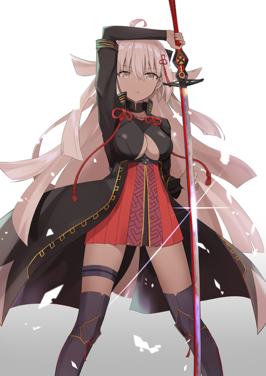 100 1girl absurdres ahoge arm_up black_legwear breasts cleavage dark_skin eyebrows_visible_through_hair f-ism fate/grand_order fate_(series) floating_hair gradient gradient_background grey_background grey_eyes hair_between_eyes hair_ornament highres holding holding_sword holding_weapon katana large_breasts long_hair looking_at_viewer okita_souji_(alter)_(fate) okita_souji_(fate)_(all) pleated_skirt red_skirt shiny shiny_hair silver_hair skirt solo standing sword thigh-highs thigh_strap very_long_hair weapon white_background