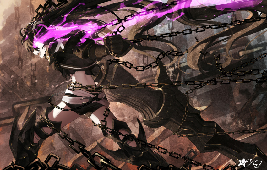 1girl :d ass bai_yemeng belt black_gloves black_hair black_jacket black_rock_shooter black_rock_shooter_(character) black_shorts broken broken_chain chain chains checkered commentary_request gloves glowing glowing_eye highres jacket long_hair open_mouth outstretched_arm profile restrained short_shorts shorts smile solo star upper_teeth very_long_hair white_belt