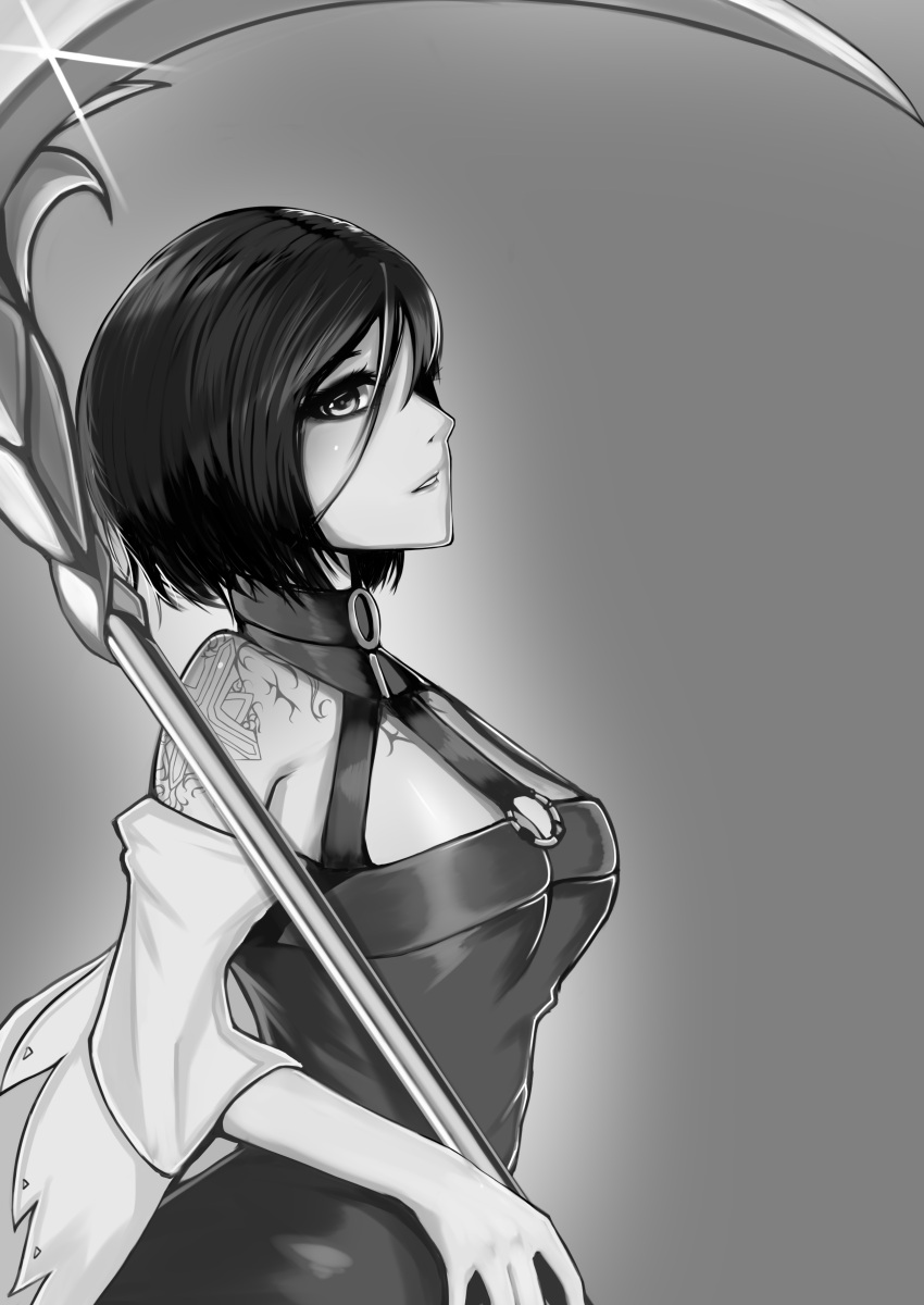 1girl absurdres bangs bare_shoulders breasts character_request commentary_request dress dungeon_and_fighter grey_background greyscale hair_between_eyes highres holding holding_scythe looking_at_viewer looking_to_the_side medium_breasts mo_ying_yu monochrome o-ring parted_lips profile scythe shoulder_tattoo sleeveless sleeveless_dress solo tattoo
