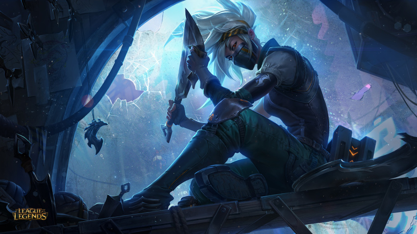1girl akali alternate_costume bandanna broken_window covered_mouth dagger drawings fingerless_gloves gloves highres holding holding_weapon knife kunai league_of_legends long_hair looking_at_viewer mask military military_uniform official_art red_eyes shuriken solo uniform weapon