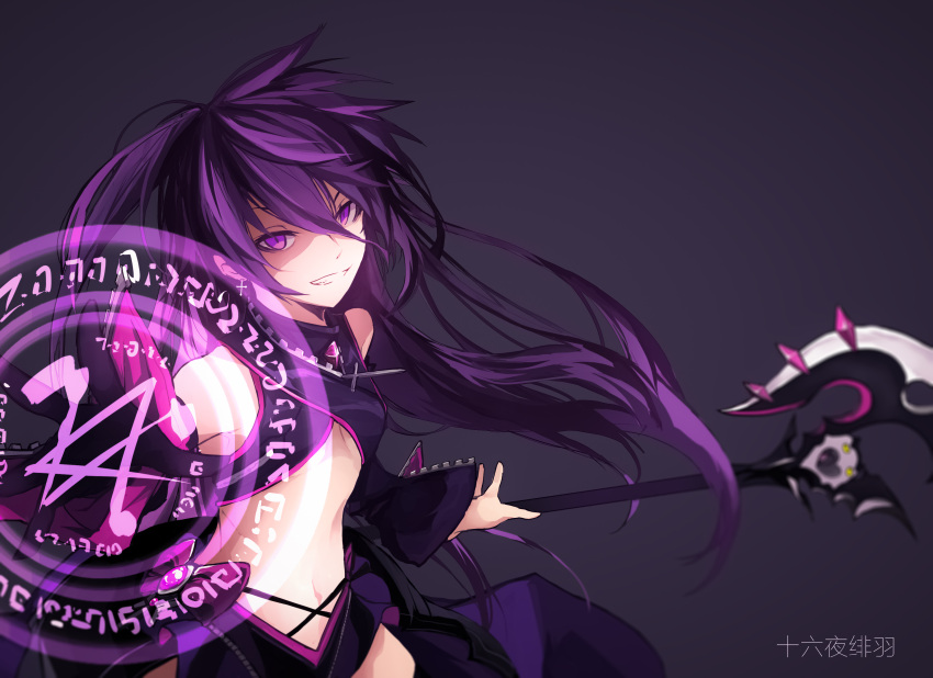 1girl absurdres aisha_(elsword) breasts detached_sleeves elsword floating_hair grey_background grin hair_between_eyes highres long_hair looking_at_viewer magic_circle midriff navel oz_sorcerer_(elsword) poleaxe purple_hair shiliuye_feiyu simple_background small_breasts smile solo standing stomach under_boob very_long_hair violet_eyes