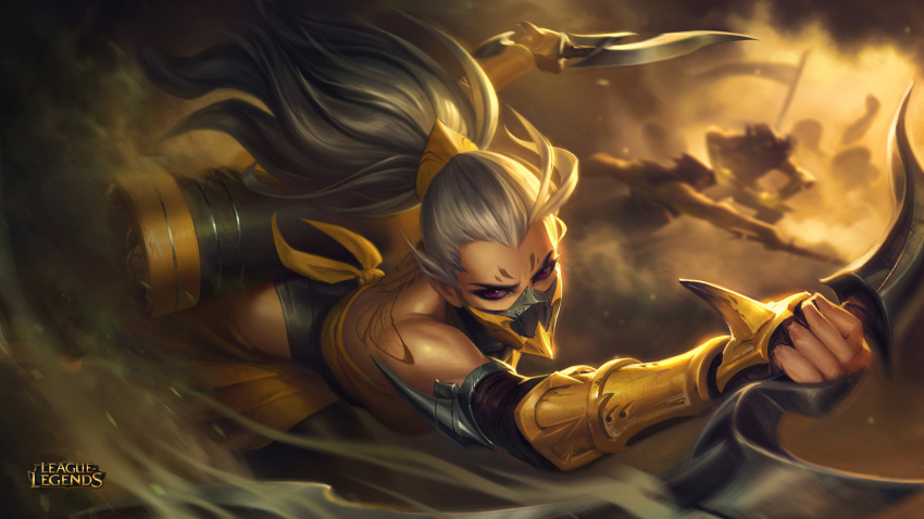 1girl akali armor bare_shoulders dagger fingerless_gloves flag gloves highres holding holding_weapon league_of_legends long_hair looking_at_viewer mask official_art red_eyes scroll shawl smoke solo tattoo weapon white_hair