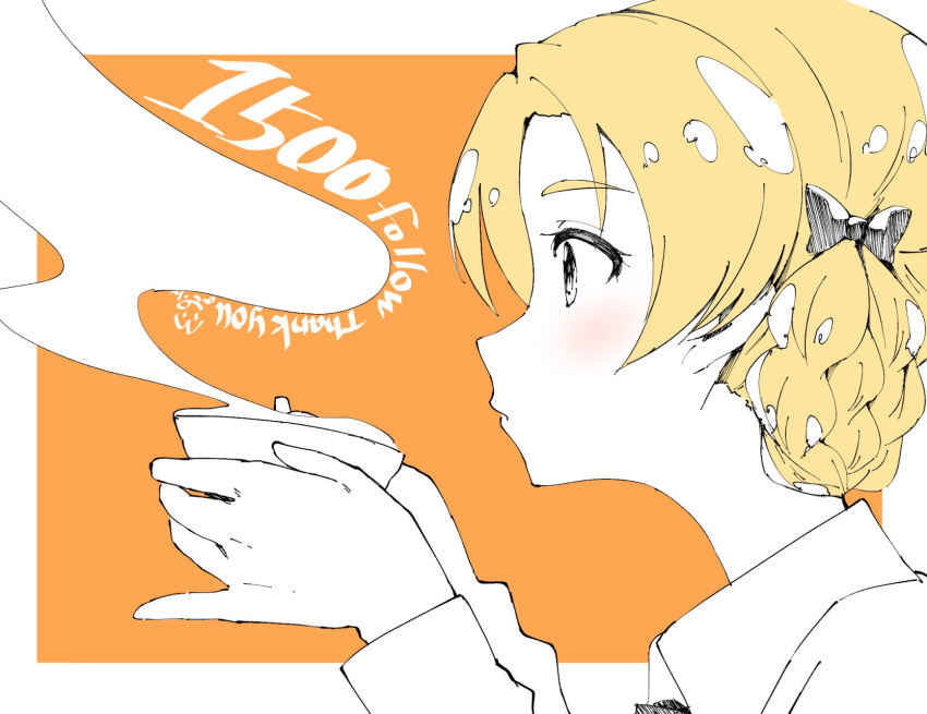 1girl artist_name bangs bow braid closed_mouth commentary_request cup english followers from_side girls_und_panzer hair_bow highres holding holding_cup limited_palette orange_background orange_pekoe outside_border parted_bangs partially_colored profile short_hair signature solo steam teacup thank_you tied_hair toon_(noin) twin_braids