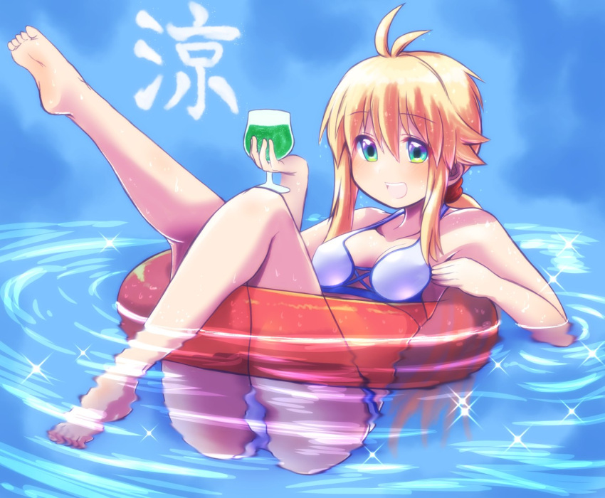 1girl ahoge ass barefoot bikini blonde_hair breasts commentary_request cup drinking_glass green_eyes hair_ornament highres holding holding_drinking_glass innertube kanji koshirae_tsurugi long_hair m.m marine_day medium_breasts on_water open_mouth original partially_submerged ponytail ripples solo sparkle swimsuit white_bikini