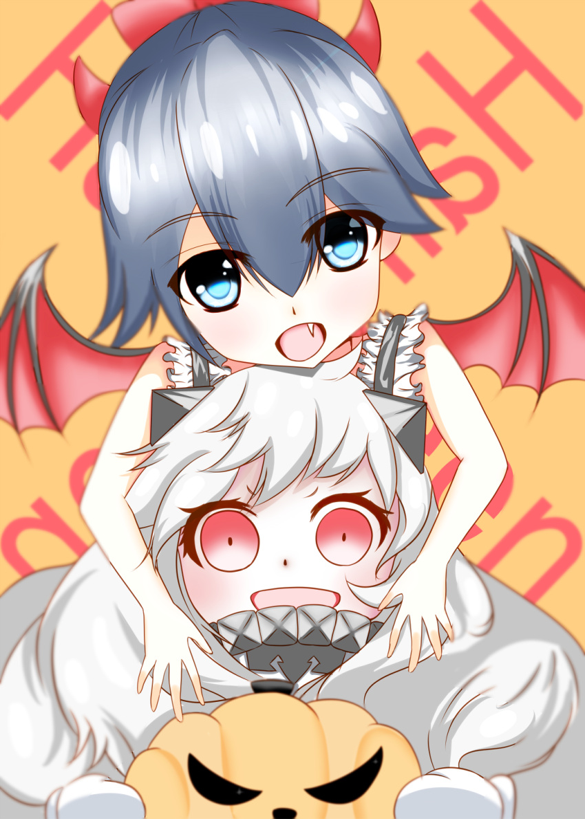 afro_(5426362) blush demon_horns demon_wings fang halloween highres horns houshou_(kantai_collection) jack-o'-lantern kantai_collection long_hair mittens northern_ocean_hime ponytail pumpkin shinkaisei-kan translation_request wings