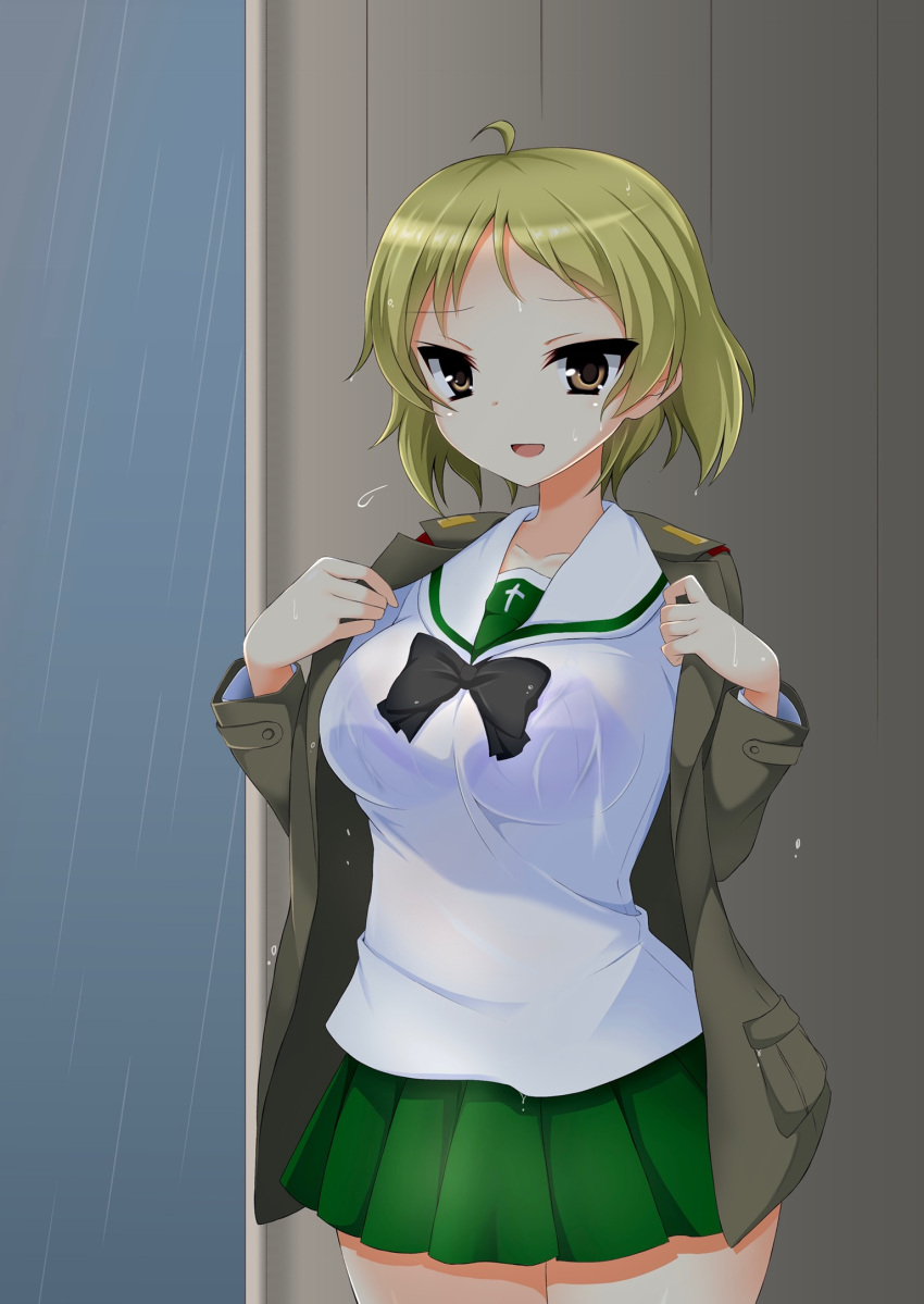 1girl alternate_hairstyle black_neckwear blonde_hair blouse bow bowtie bralines breasts brown_eyes brown_jacket commentary cowboy_shot erwin_(girls_und_panzer) eyebrows_visible_through_hair girls_und_panzer green_skirt highres jacket long_sleeves looking_at_viewer medium_breasts military_jacket miniskirt no_hat no_headwear ooarai_school_uniform open_clothes open_jacket pleated_skirt rain ryochapu school_uniform see-through serafuku short_hair skirt solo standing wet wet_clothes wet_hair white_blouse