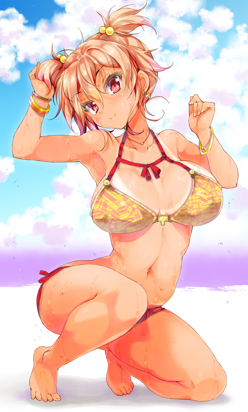 1girl ahoge alternate_hairstyle armpits barefoot bikini bikini_tan bracelet breasts cafe-chan_to_break_time clenched_hands clouds cloudy_sky collarbone earrings eyebrows_visible_through_hair hair_between_eyes halterneck hand_in_hair hands_up highlights highres jewelry large_breasts light_brown_hair looking_at_viewer midriff multicolored_hair navel necklace pink_hair porurin print_bikini_top red_eyes sidelocks sky smile solo squatting swimsuit tan tanline tea_(cafe-chan_to_break_time) twintails wet
