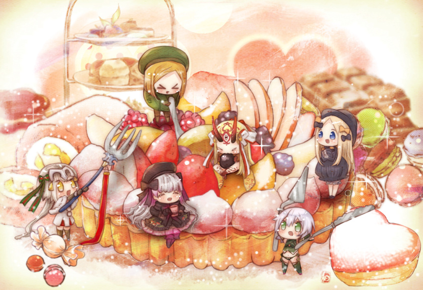 6+girls :d abigail_williams_(fate/grand_order) bangs bell beret black_bow black_dress black_gloves black_hat blonde_hair blue_eyes blush boots bow brown_footwear brown_gloves brown_legwear cake candy_wrapper capelet chibi chocolate closed_eyes commentary_request dress eating elbow_gloves facial_mark fate/extra fate/grand_order fate_(series) fingerless_gloves food forehead forehead_mark fork fruit fur-trimmed_capelet fur_trim gloves gothic_lolita green_bow green_eyes green_hat green_jacket green_legwear green_ribbon green_shirt hair_between_eyes hair_bow hat headpiece heart holding holding_fork holding_knife horns ibaraki_douji_(fate/grand_order) jack_the_ripper_(fate/apocrypha) jacket jeanne_d'arc_(fate)_(all) jeanne_d'arc_alter_santa_lily knee_boots knife leaning_forward lolita_fashion long_hair long_sleeves macaron multiple_girls nursery_rhyme_(fate/extra) oni oni_horns open_mouth orange_bow pantyhose parted_bangs paul_bunyan_(fate/grand_order) ribbon shirt silver_hair sitting sleeveless sleeveless_shirt sleeves_past_fingers sleeves_past_wrists smile standing strawberry striped striped_bow striped_ribbon swiss_roll takanashi_hiyori thigh-highs tiered_tray very_long_hair white_capelet white_dress yellow_eyes